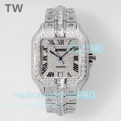 TW Factory Swiss Replica Ice Out Cartier Santos 40mm Full Diamond Roman Face Watch 